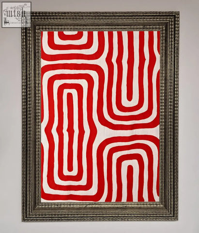 Red waves abstract framed poster featuring red and white textile art in an ornate silver frame