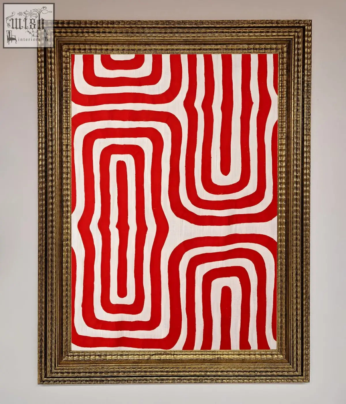 Red waves abstract art framed poster featuring red and white textile artwork in an ornate gold frame