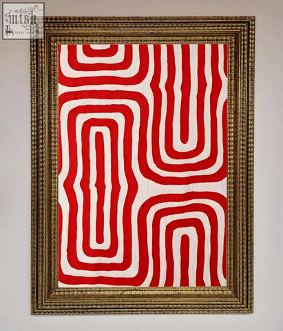 Red waves abstract art framed poster featuring red and white textile artwork in an ornate gold frame
