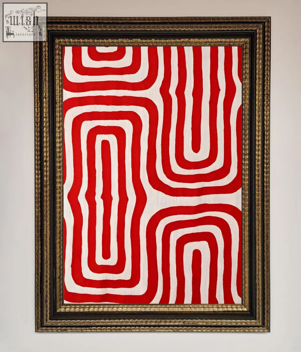 Red waves abstract art framed in an ornate gold toned frame featuring red and white textile design