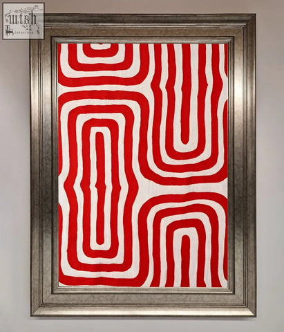 Red waves abstract art framed poster with bold red and white wavy geometric patterns in a sleek silver frame