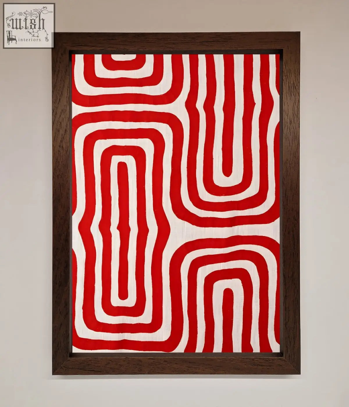 Red waves abstract framed poster featuring red and white textile artwork in a dark wood frame