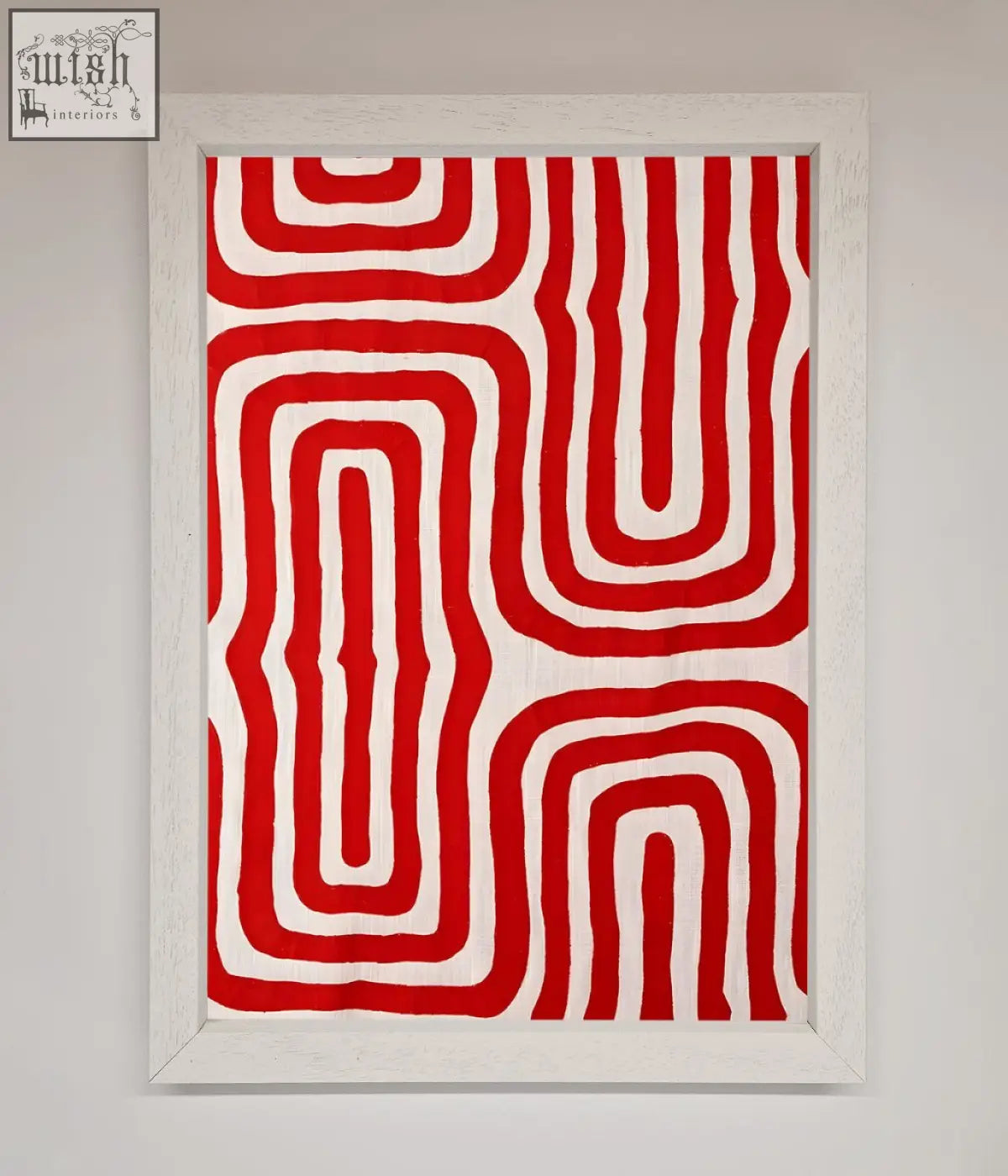 Red waves abstract framed poster featuring red and white textile art in a distressed white wooden frame