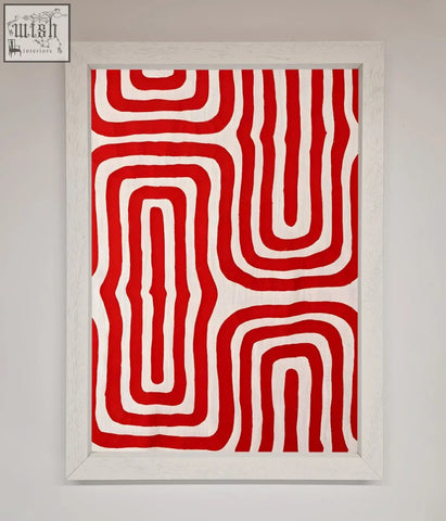 Red waves abstract framed poster featuring red and white textile art in a distressed white wooden frame
