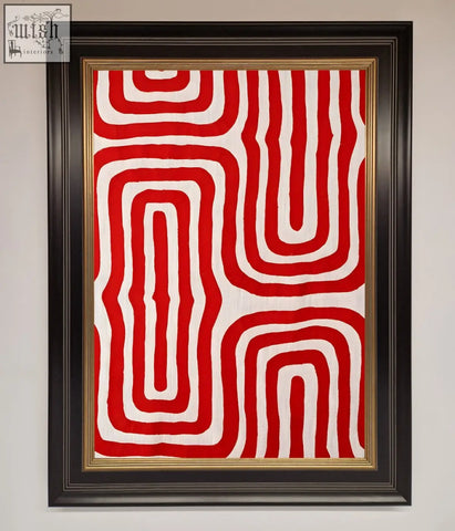 Red waves abstract textile artwork in black frame with gold inner border for stylish abstract art framed decor