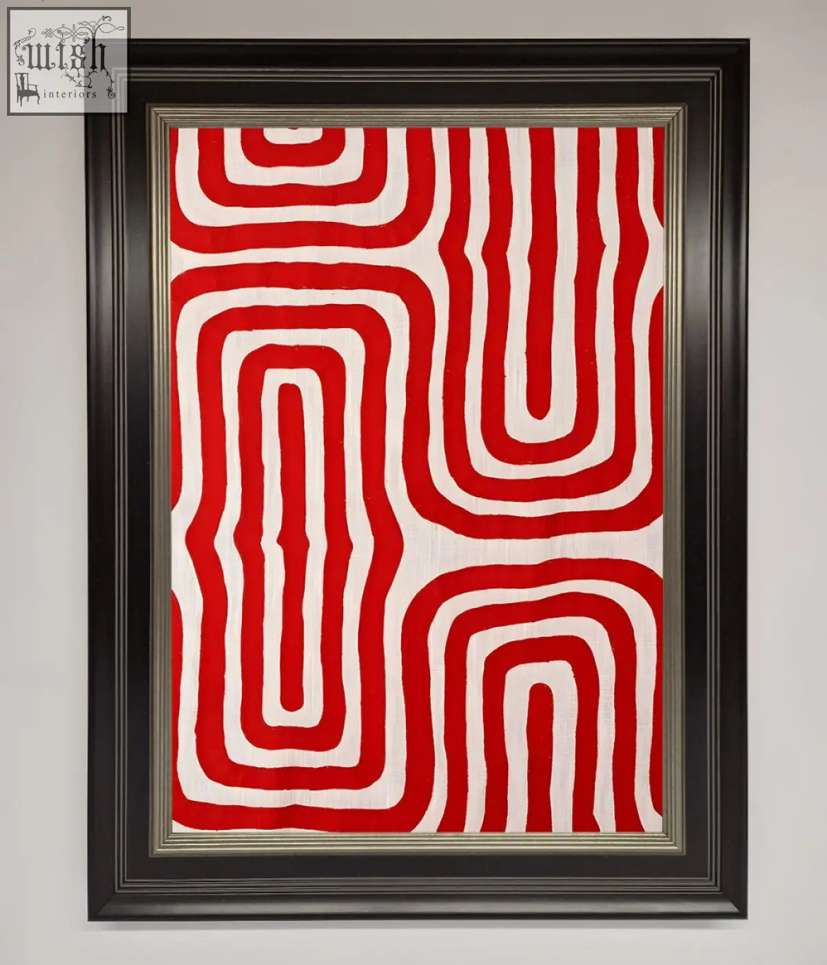 Red waves abstract framed poster with red and white textile art in black frame and silver inner border