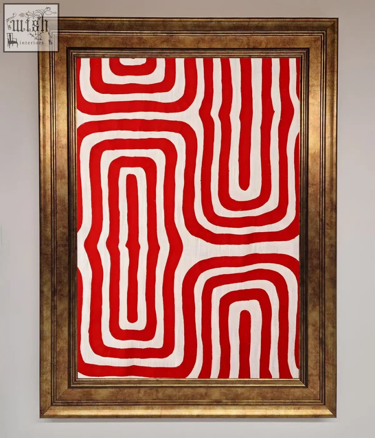 Red waves abstract framed poster featuring red and white textile art in a gold-toned frame for wall decor