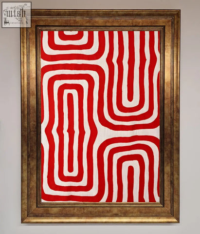 Red waves abstract framed poster featuring red and white textile art in a gold-toned frame for wall decor