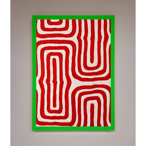 Red Waves Abstract Art Framed Poster - B0 (100 x 141 cm) / Neon Dark Green - Framed Print