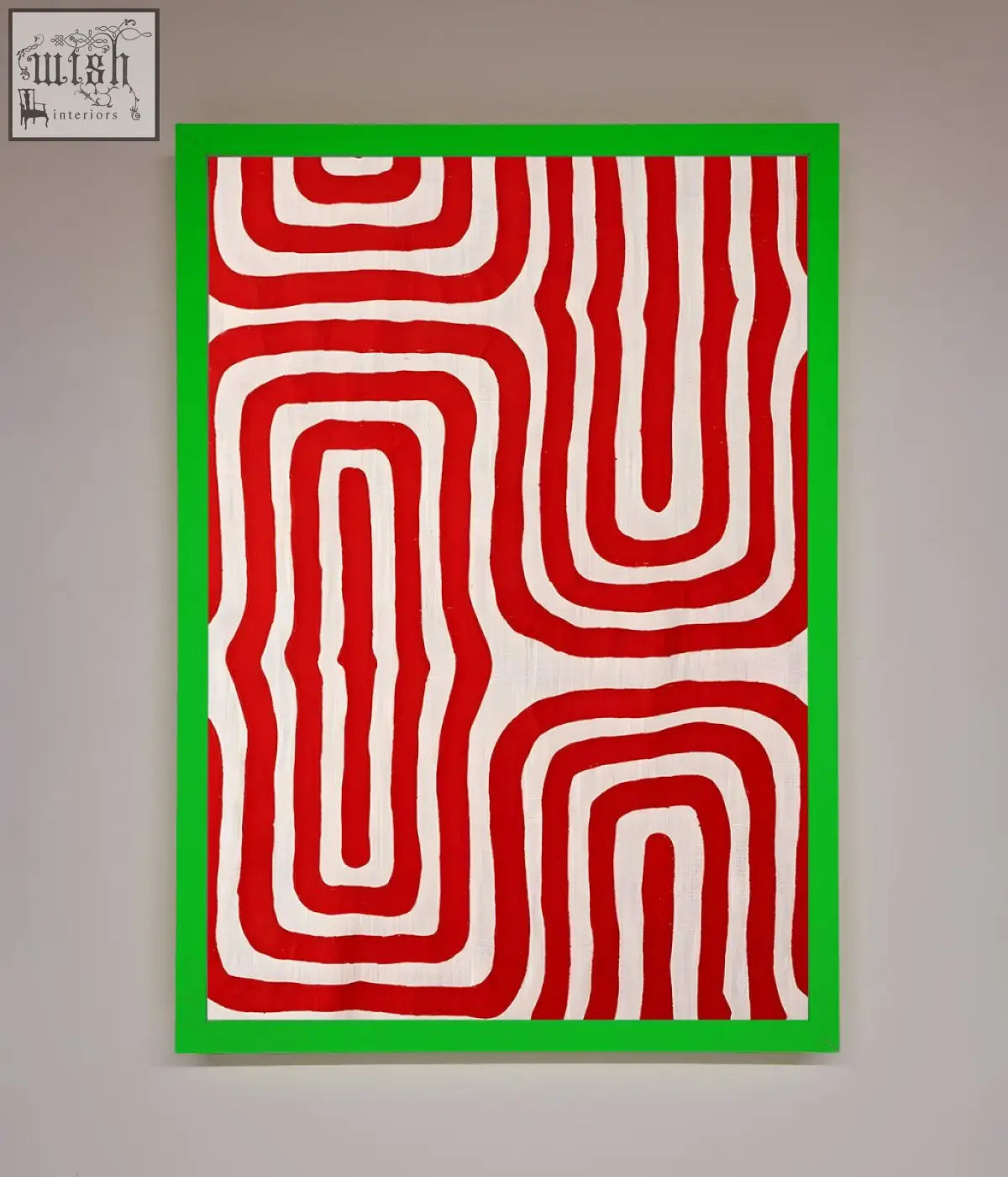A vibrant red waves abstract art framed poster with bold red and white wavy patterns in a bright green frame