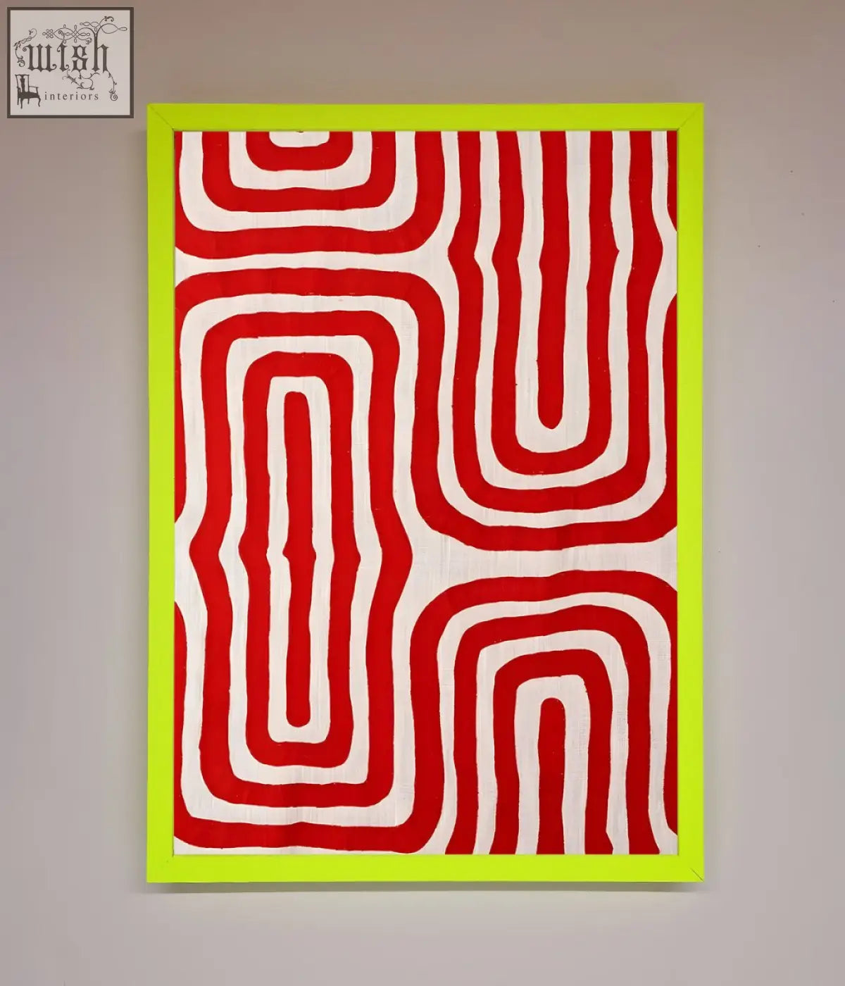 A red waves abstract framed poster featuring bold red and white wavy geometric patterns with a neon green border