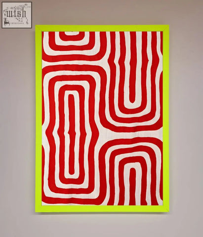 A red waves abstract framed poster featuring bold red and white wavy geometric patterns with a neon green border