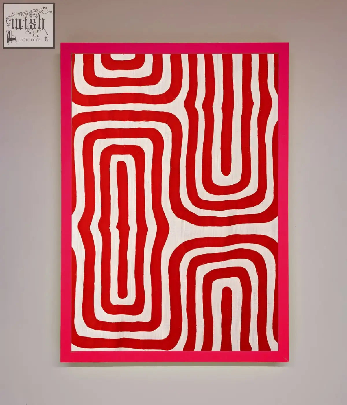 A vibrant red waves abstract framed poster featuring bold wavy geometric patterns with a bright pink border