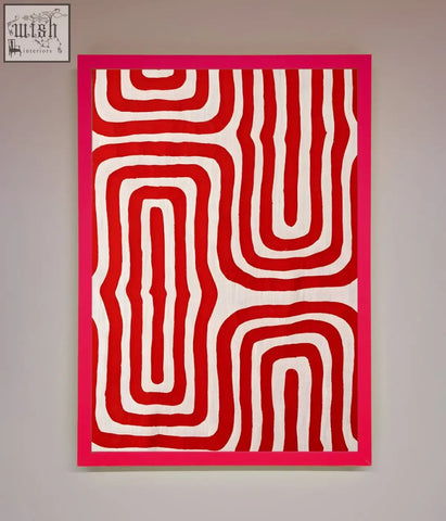 A vibrant red waves abstract framed poster featuring bold wavy geometric patterns with a bright pink border
