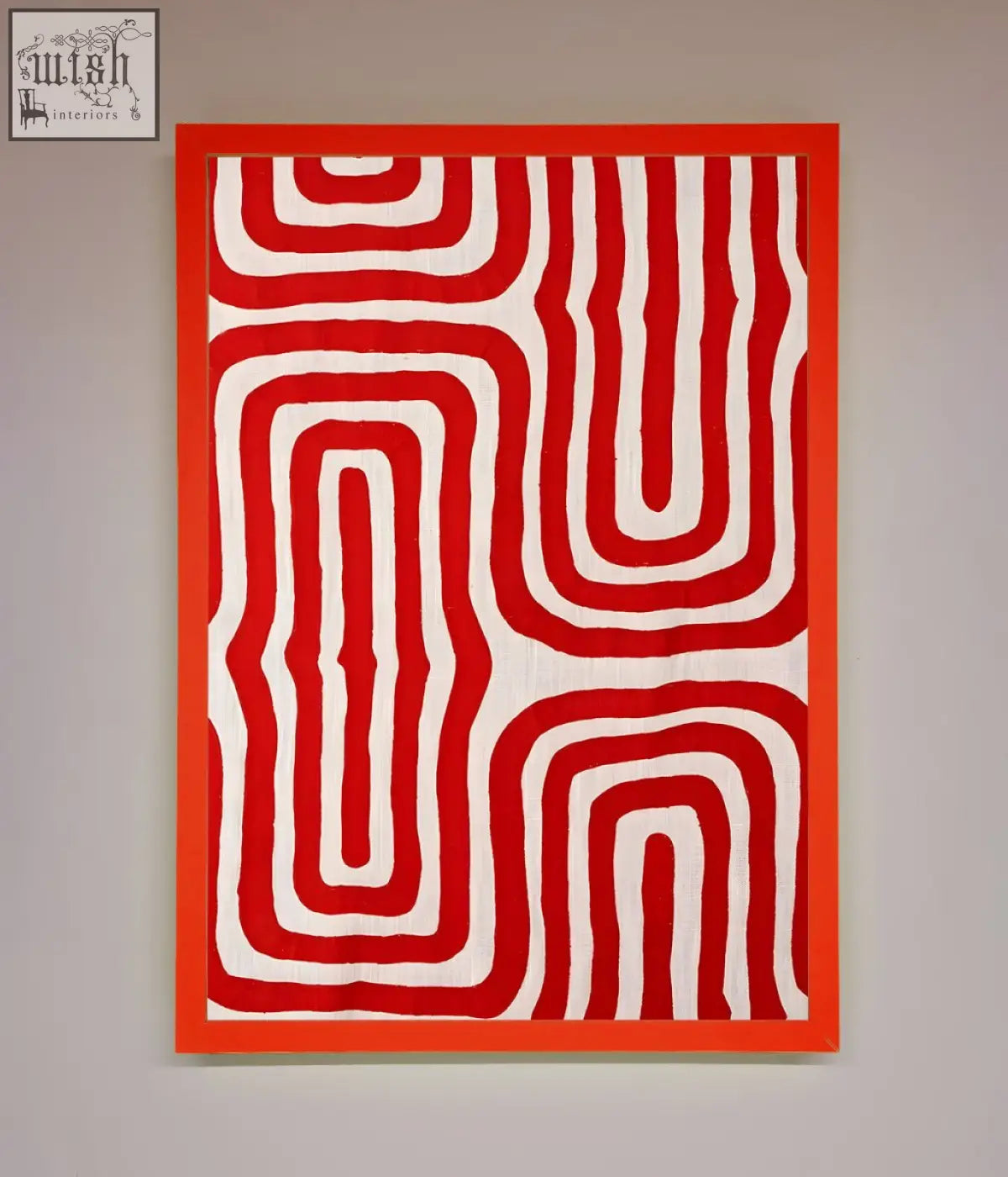 A bold red waves abstract framed poster featuring flowing white and red geometric patterns with an orange frame