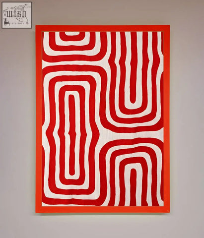 A bold red waves abstract framed poster featuring flowing white and red geometric patterns with an orange frame