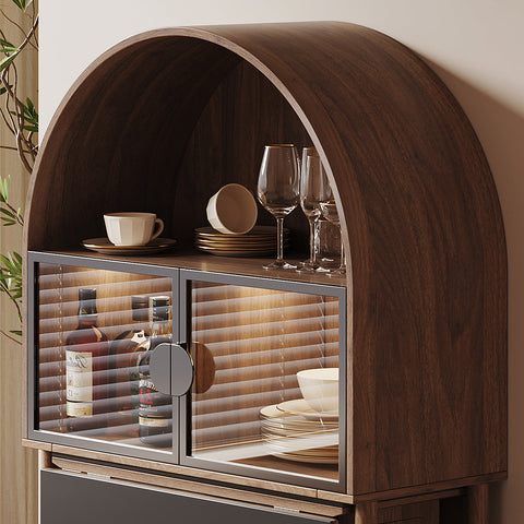 Dark wood arched cabinet with glass doors and metal handles in reddy fold away dining table with sideboard walnut