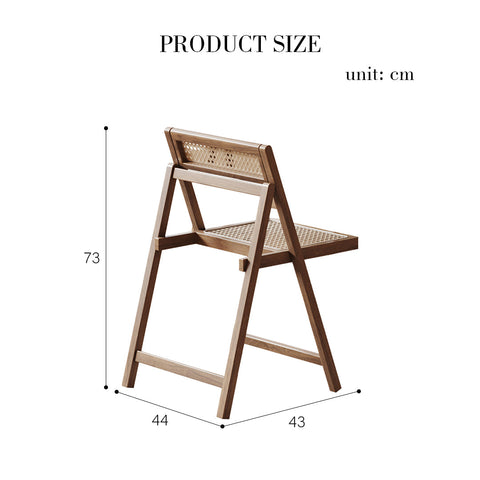A minimalist wooden folding chair with a woven cane seat for reddy fold dining table in walnut finish