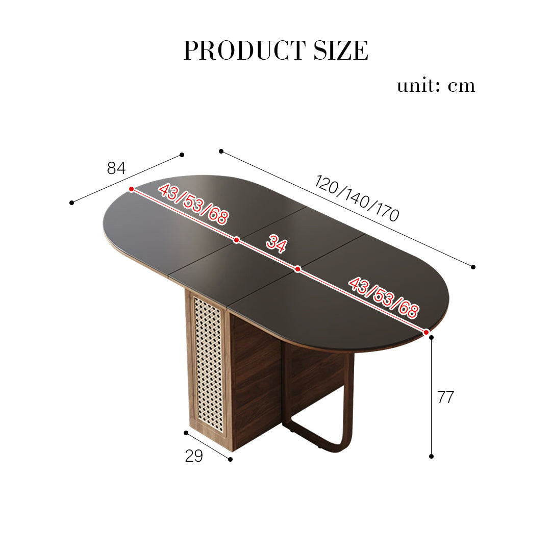 Modern reddy fold dining table with dark matte oval top and walnut wooden base with ornate lattice panel