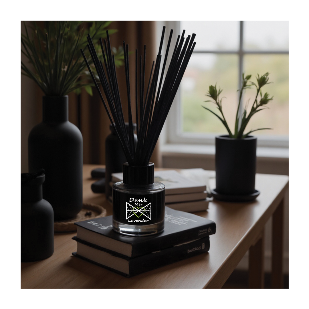 Black glass reed diffuser set with dank mix lavender label and black reeds for home fragrance use
