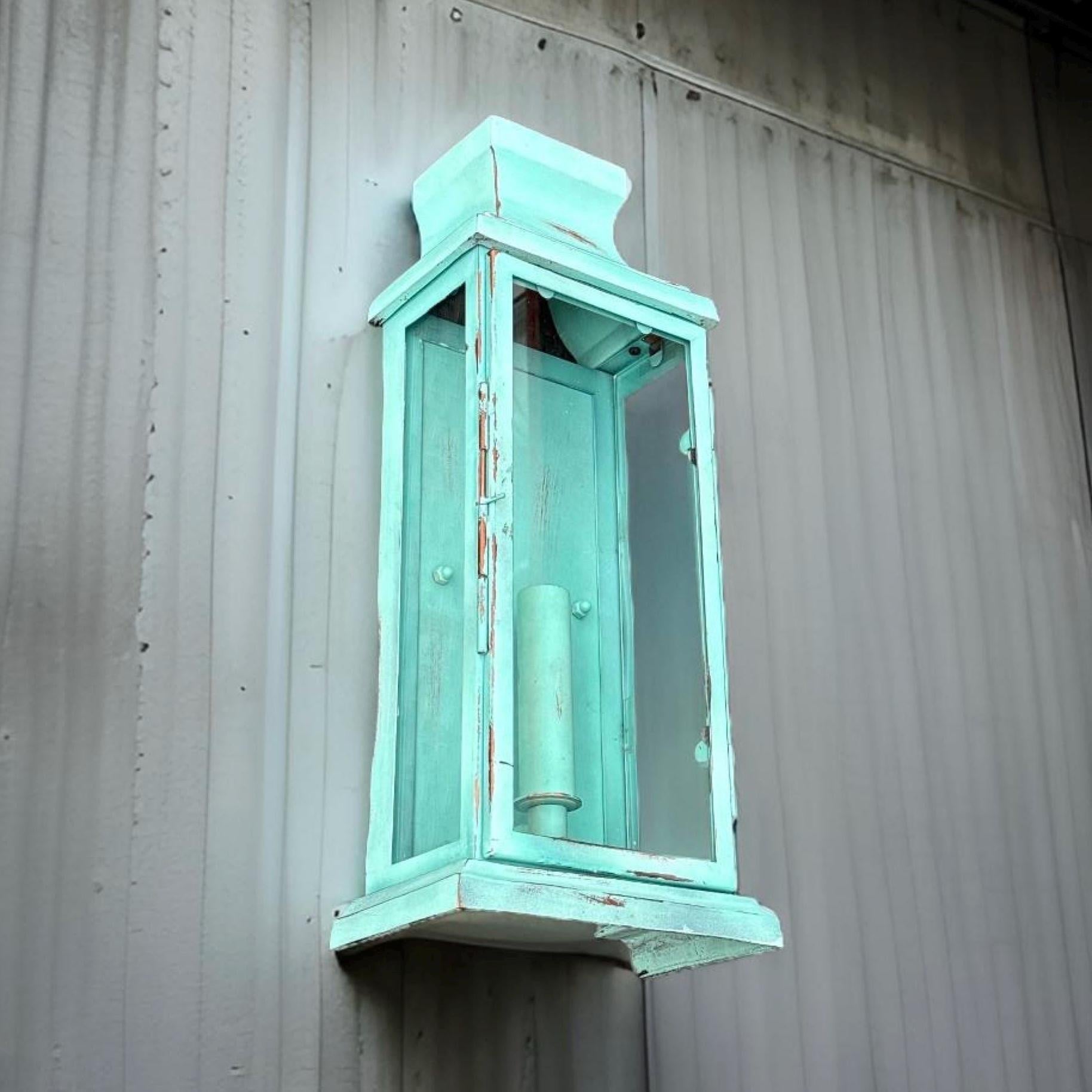 Reedham verdigris wall lantern sconce light with distressed mint green finish and clear glass panels flush mount wall light