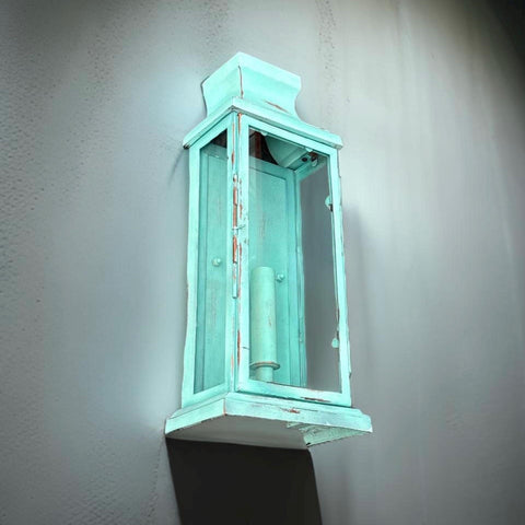 Distressed mint green wooden reedham verdigris wall lantern sconce light with glass panels flush mount wall light