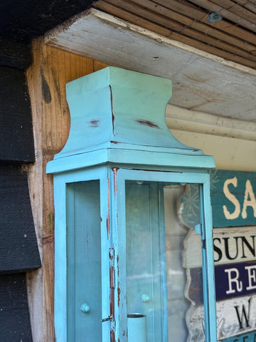Distressed turquoise wooden reedham verdigris wall lantern sconce light with glass panels and flush mount design