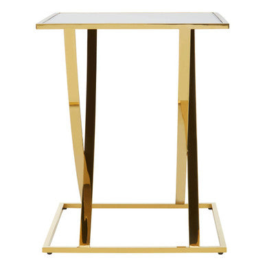 Reena gold finish side table with gold finished metal frame, clear glass top, and curved geometric legs