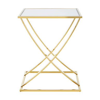 Reena gold finish side table with gold finish metal frame, clear glass top, and x-shaped base for stylish spaces
