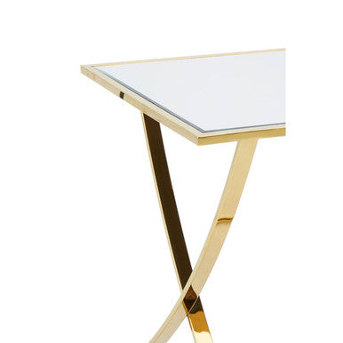 Reena gold finish side table with gold finish x-shaped metal base and white mirrored top for living room use