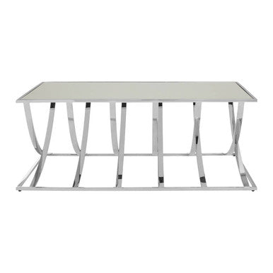 Reena silver coffee table with chrome finished metal frame and clear glass top modern sleek silver coffee table