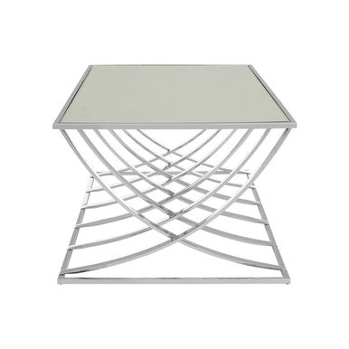 Reena silver coffee table with a sleek geometric silver metal frame and light gray glass top perfect for modern spaces