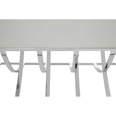 Modern chrome finished metal wine rack with sleek curved legs and smooth white top on reena silver coffee table