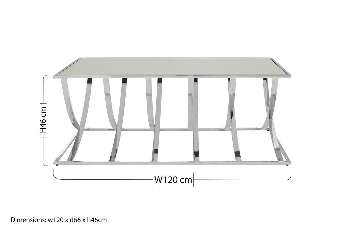 Modern reena silver coffee table with chrome finish and light gray glass top for stylish silver coffee setup