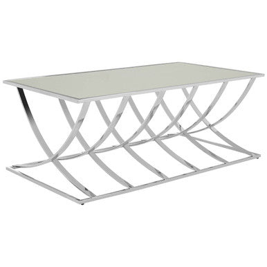Modern reena silver coffee table with chrome finish geometric base and translucent glass top perfect silver coffee table
