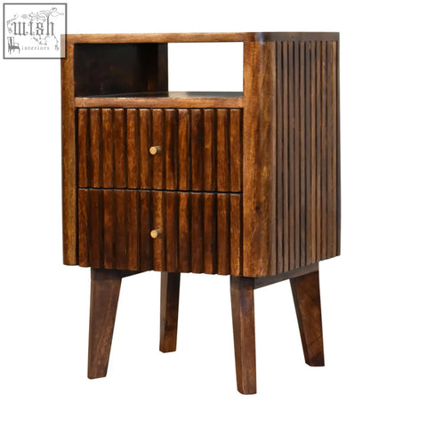 Dark brown reeve bedside solid mango wood nightstand with ridged drawer fronts and brass knobs in vertical slat design