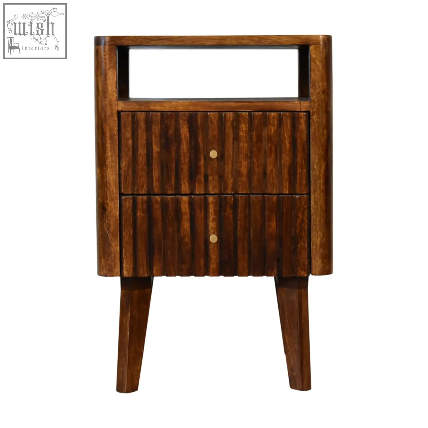 Dark brown reeve bedside table with ridged drawer fronts and round brass knobs made from solid mango wood