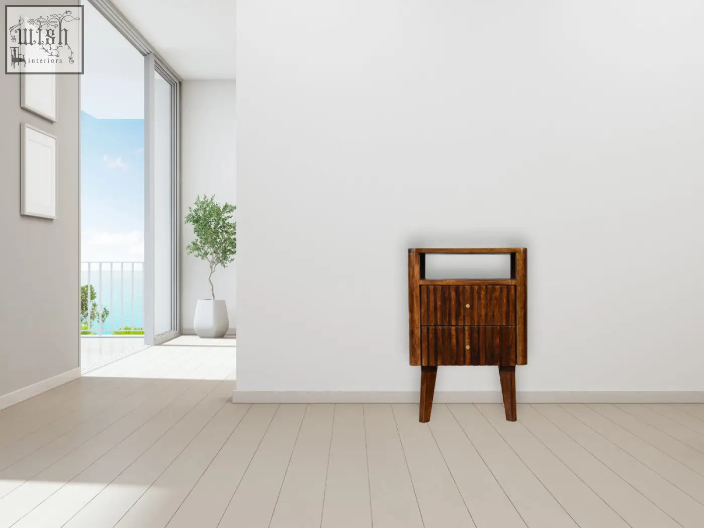 Dark wood reeve bedside table with two ridged drawer fronts and tapered legs made of solid mango wood
