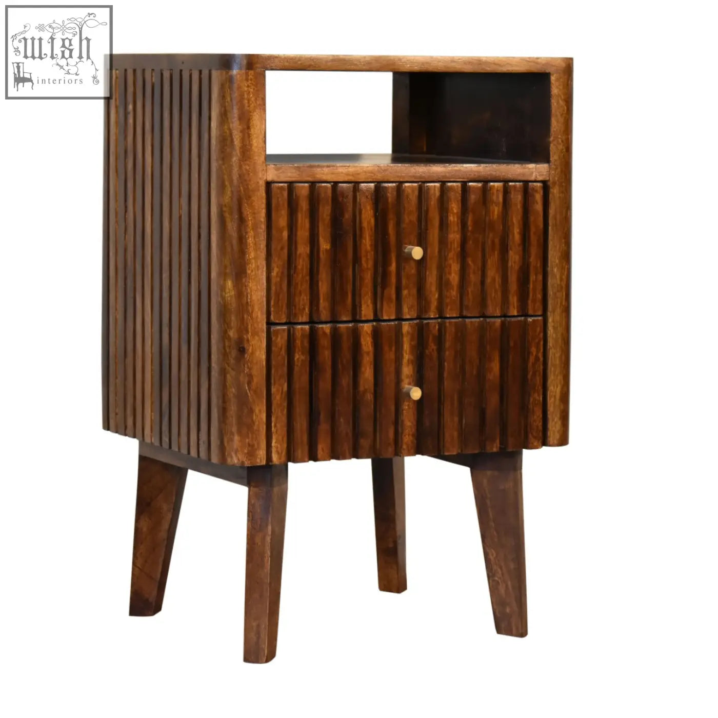 Reeve bedside table in rustic dark solid mango wood with ridged drawer fronts and round brass knobs