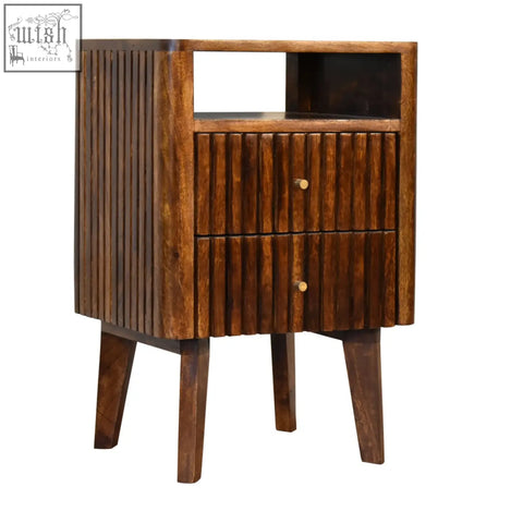 Reeve bedside table in rustic dark solid mango wood with ridged drawer fronts and round brass knobs