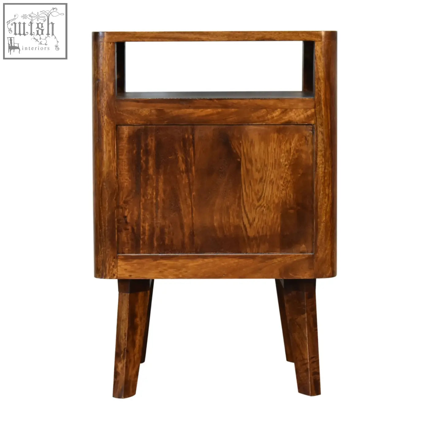 Reeve bedside table with solid mango wood, warm brown finish, visible grain patterns, and ridged drawer fronts