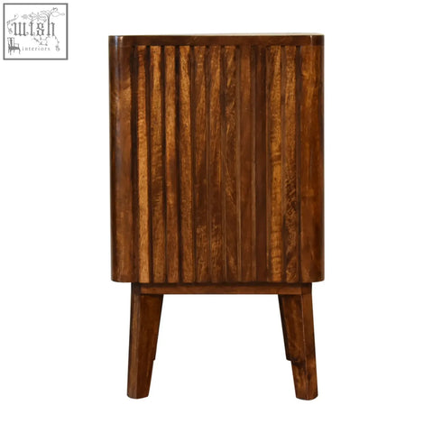 Reeve bedside table featuring solid mango wood with ridged drawer fronts and vertical slats in a rustic finish