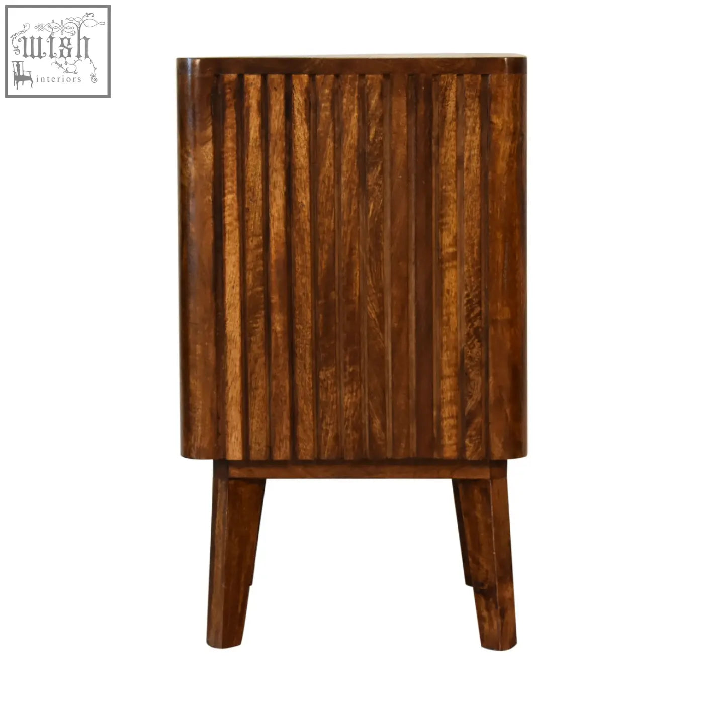 Reeve bedside table with solid mango wood, ridged drawer fronts, vertical slats, and tapered legs in a rustic finish