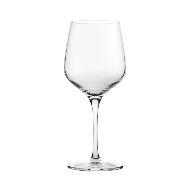 Clear glass wine goblet with slender stem and circular base from refine all purpose glasses set of 6 440ml