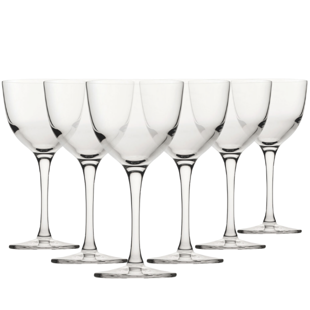 Set of six clear crystal refine nick nick and nora glasses with slender stems and elegant flared bowls 170ml