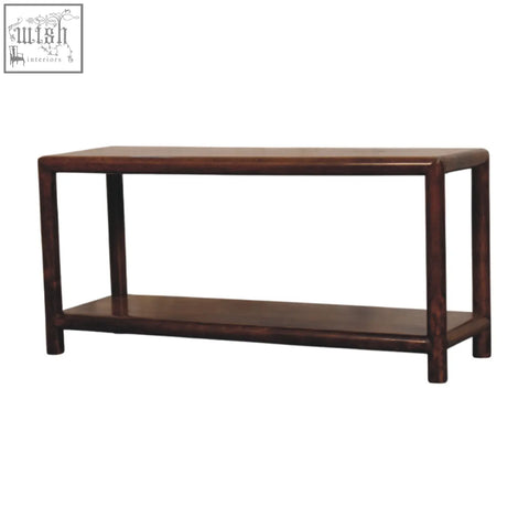 Dark brown wooden console table regency bench with sleek minimalist design and two shelves made from solid mango wood