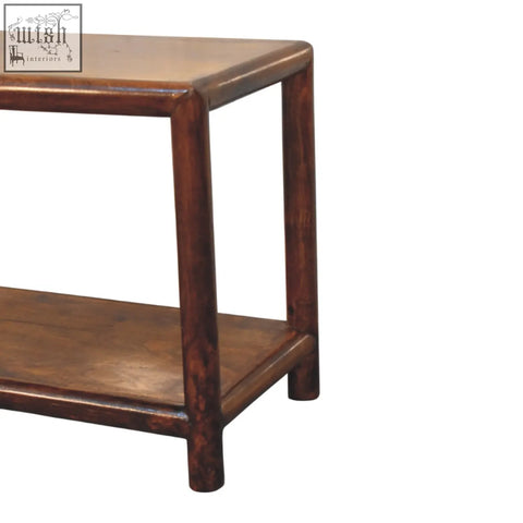 Regency bench chestnut linen with dark brown solid mango wood console table and two smooth polished tiers