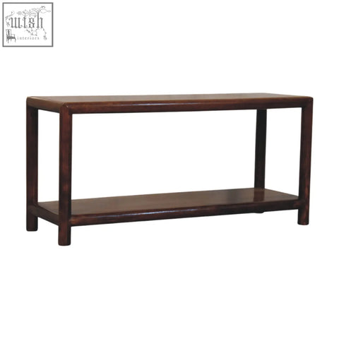 Dark brown wooden console table with two levels in solid mango wood from regency bench chestnut linen collection