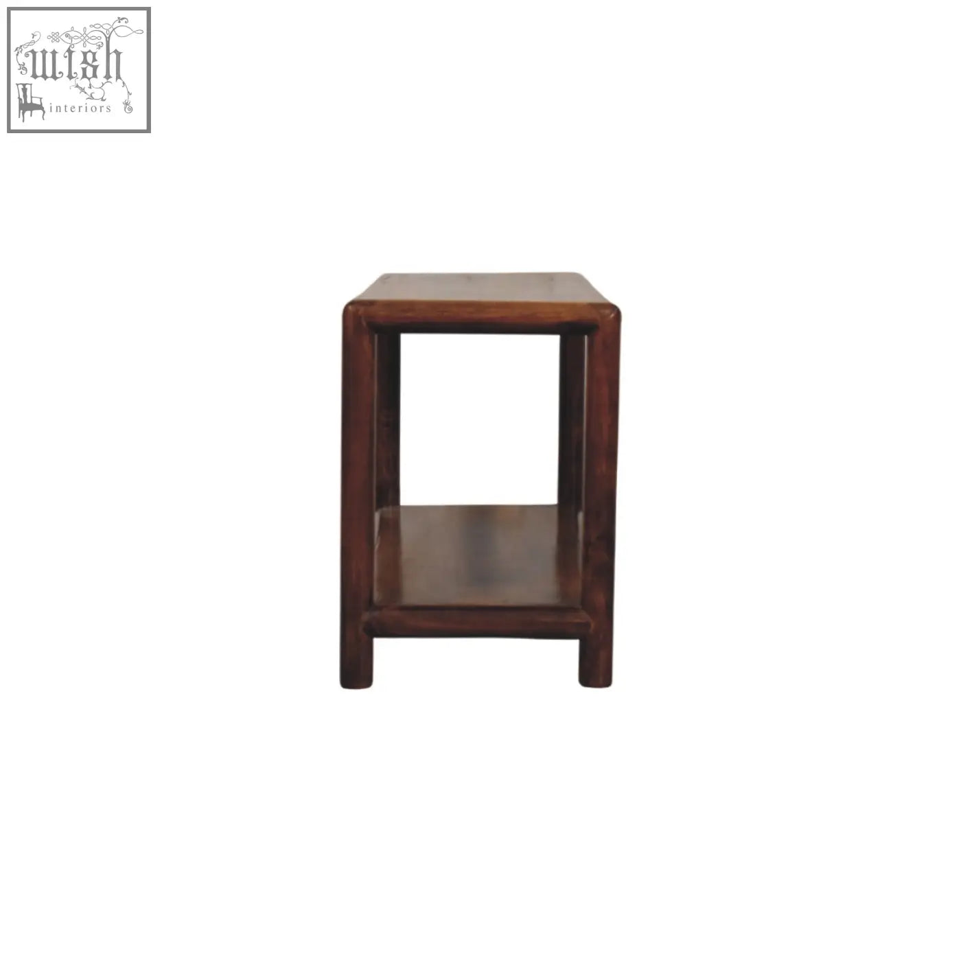 Dark brown wooden side table regency bench with open shelf made of solid mango wood in chestnut linen finish