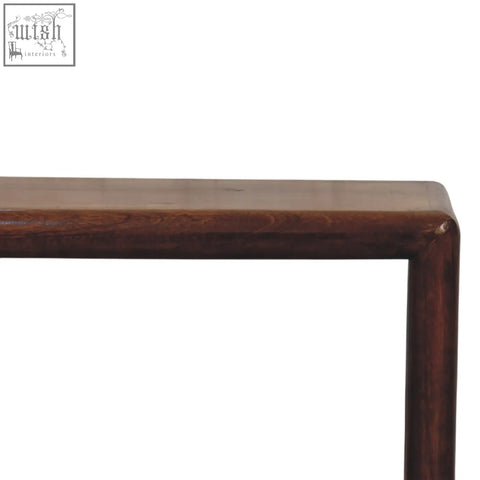 Regency bench chestnut linen with a dark brown solid mango wood table top and smooth polished wood grain surface